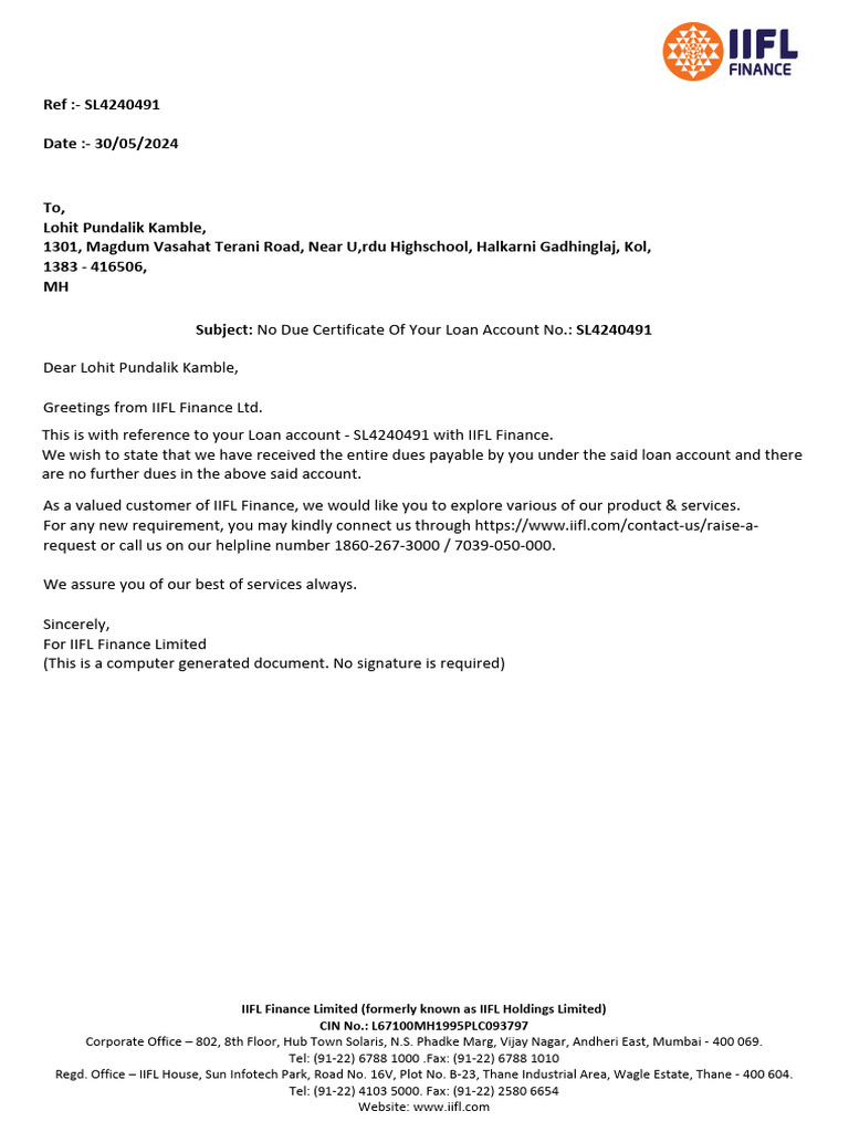 NOC IIFL-Finance SL4240491 NOC | PDF