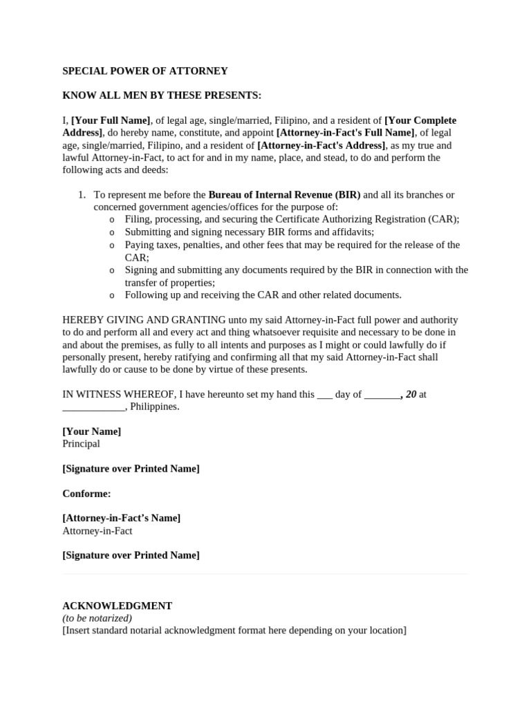 Special Power of Attorney for BIR Transactions | PDF