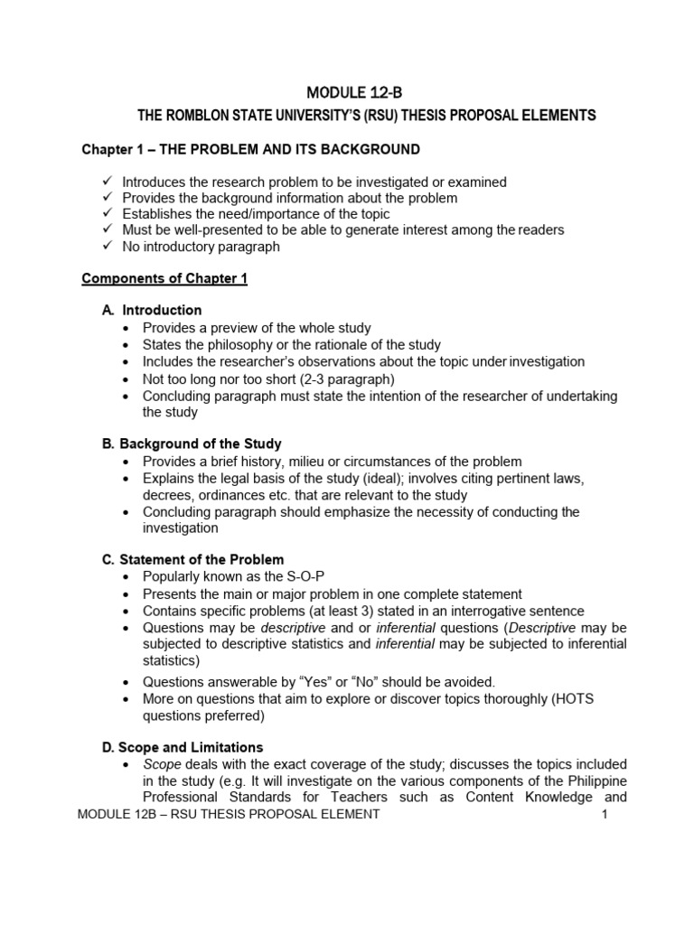 RSU Thesis Proposal Elements Guide | PDF | Statistics | Hypothesis