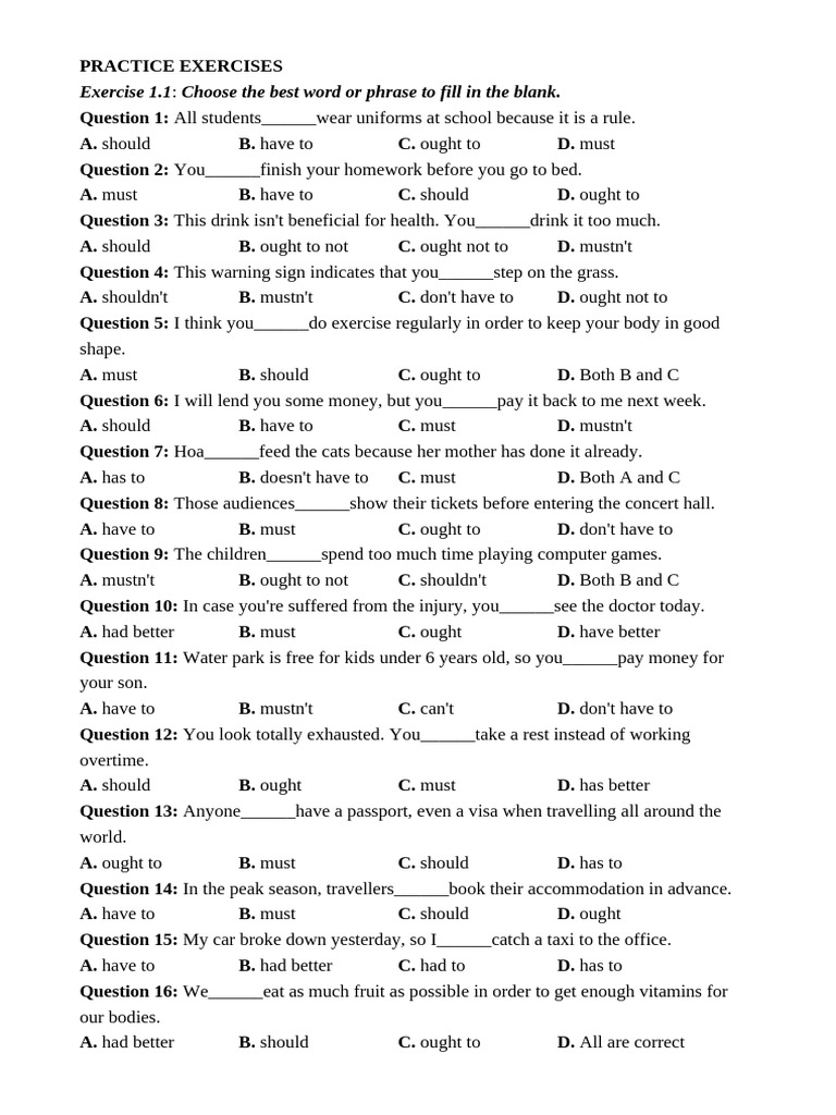 English Modal Verbs Practice Exercises | PDF