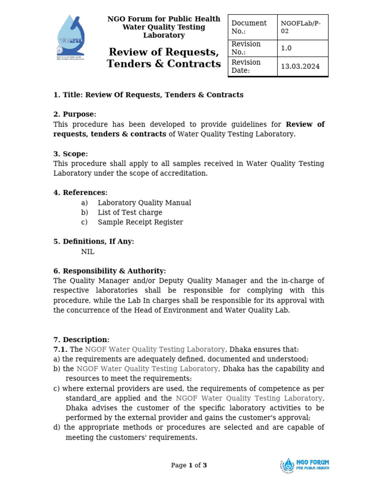 NGOFLab-P-02 - Review of Requests, Tenders & Contracts | PDF | Water ...