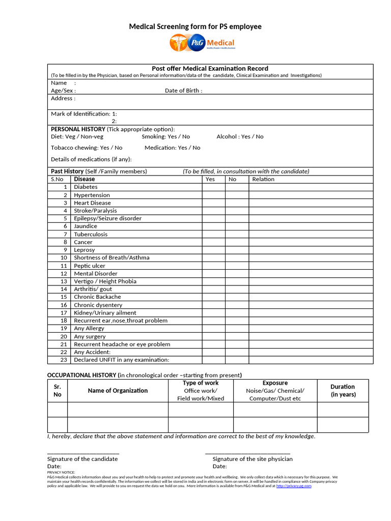 Medical Screening Form for Employees | PDF | Physical Examination ...