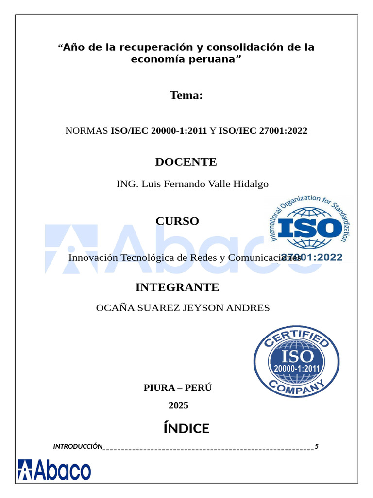 NORMAS ISO 20000 Y 27001 - Jeyson Andres Ocaña Suarez | PDF ...