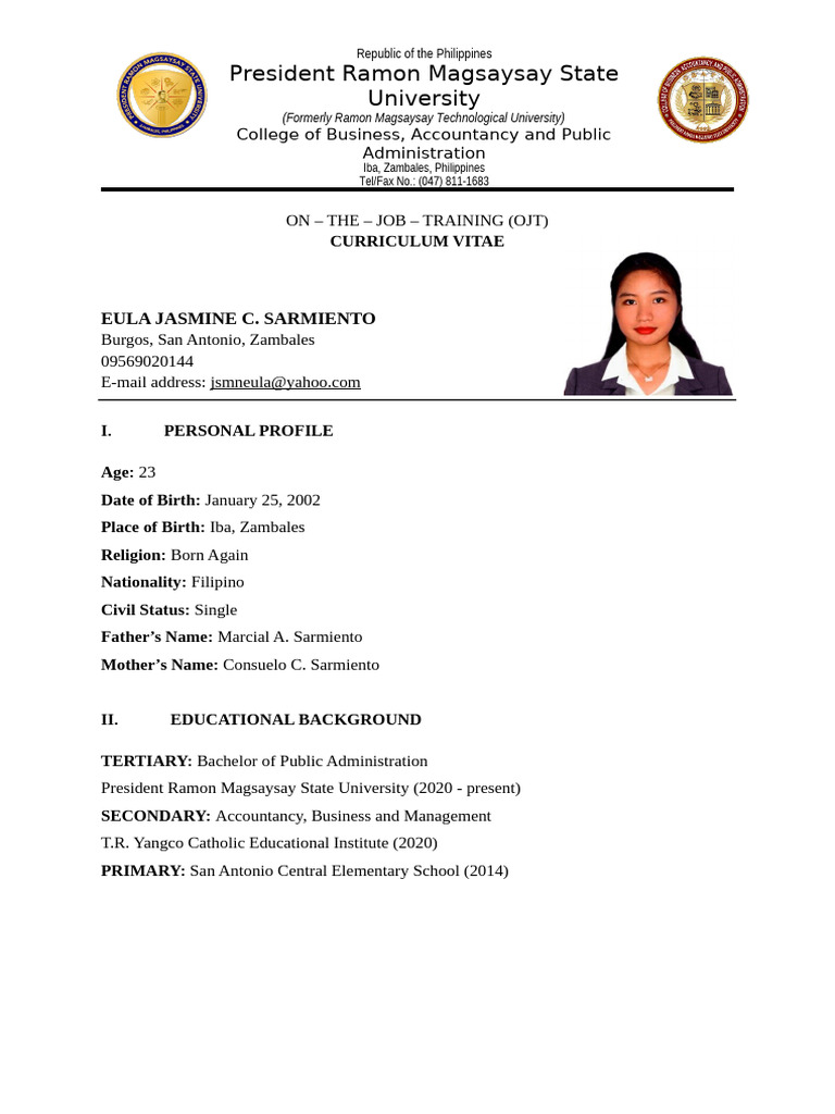 OJT Curriculum Vitae: Eula Jasmine Sarmiento | PDF