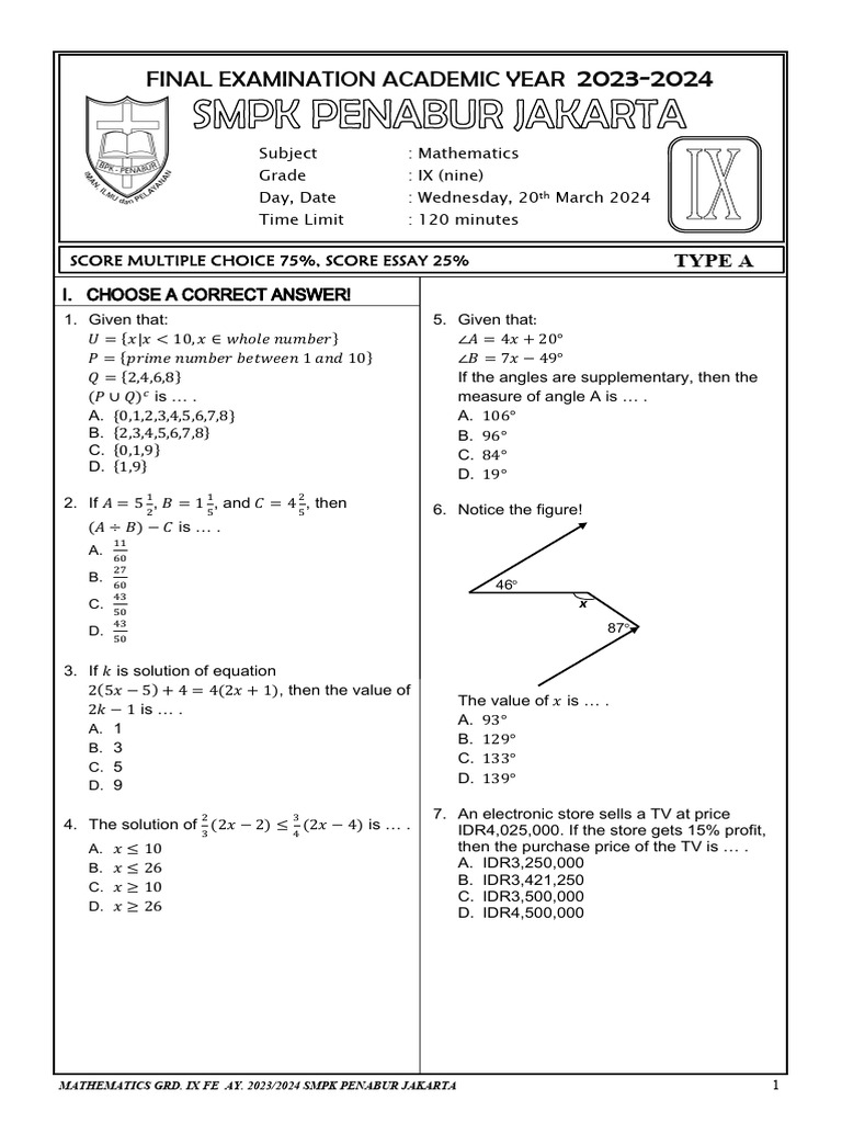 Grade IX Mathematics Final Exam 2024 | PDF | Qualifications ...