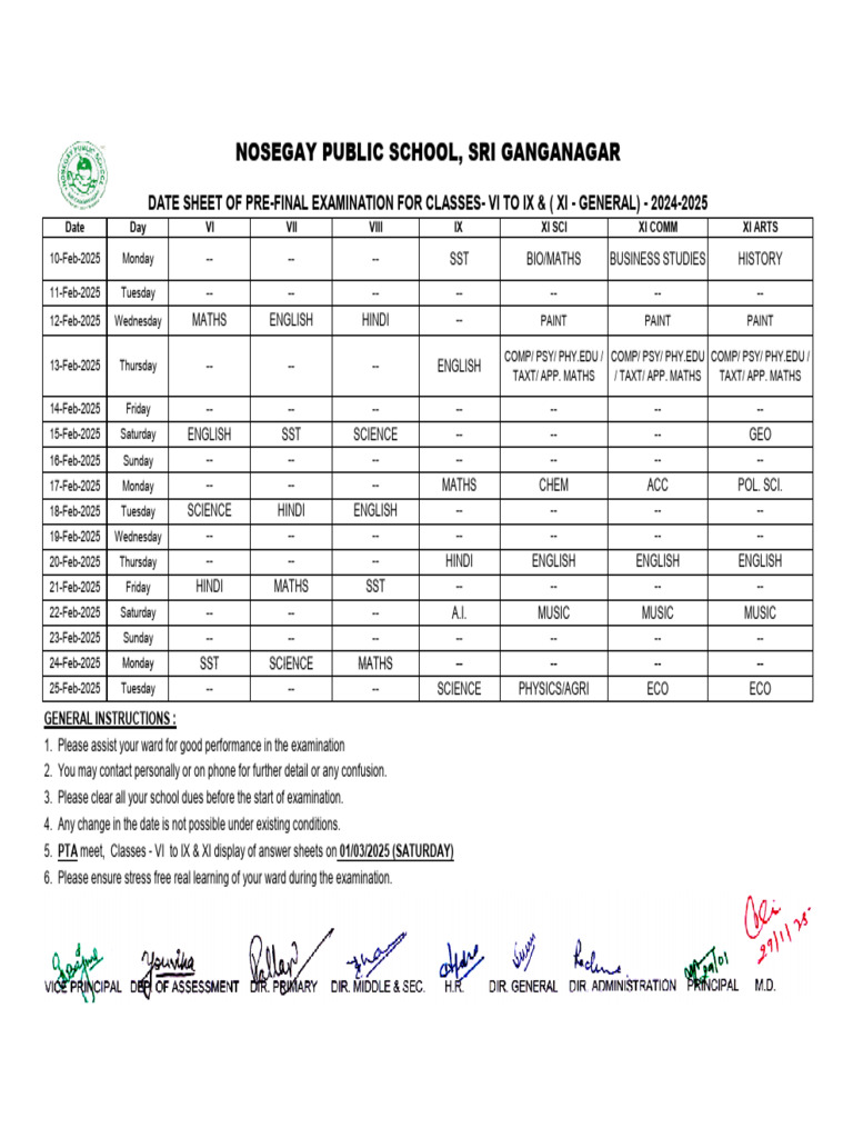 Pre-Final Exam Date Sheet 2025 | PDF