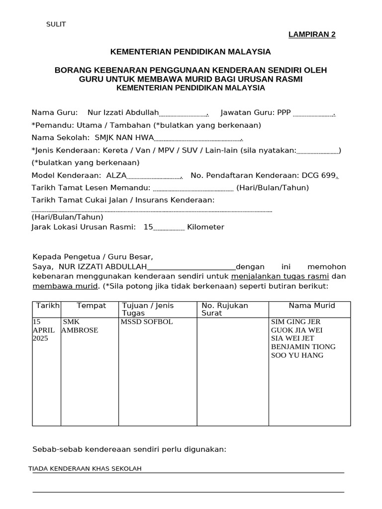 Borang Kebenaran Membawa Kenderaan Sendiri | PDF