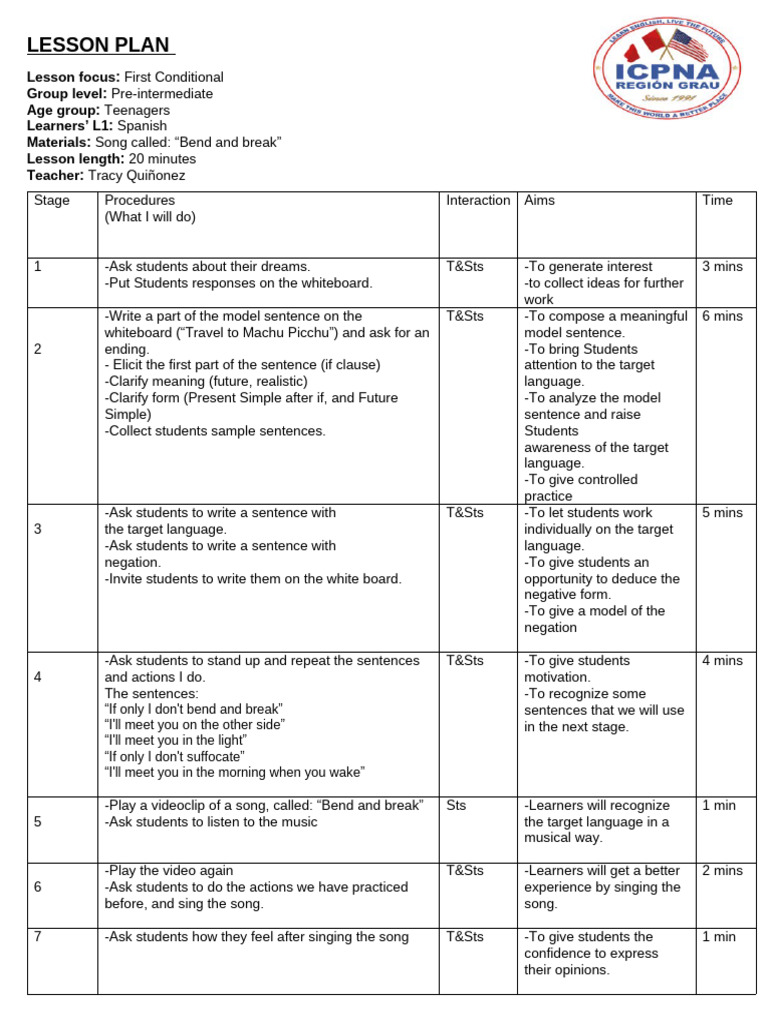 Lesson Plan First Conditional Tracy Quiñonez Silva | PDF ...