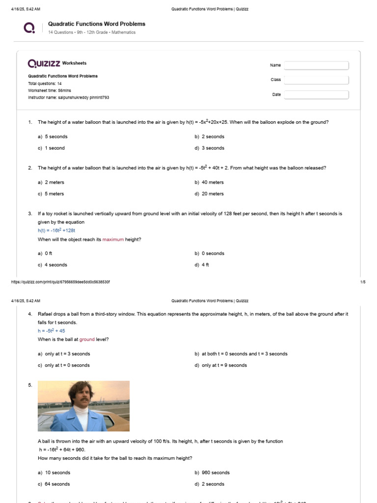 Quadratic Functions Word Problems - Quizizz | PDF