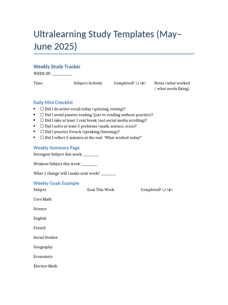Ultralearning Study Templates | PDF