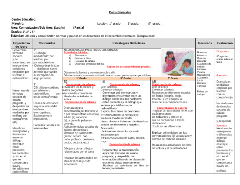 Plan de Clase Multigrado (M.A.C) 1°, 3° y 5° | PDF | Aprendizaje ...