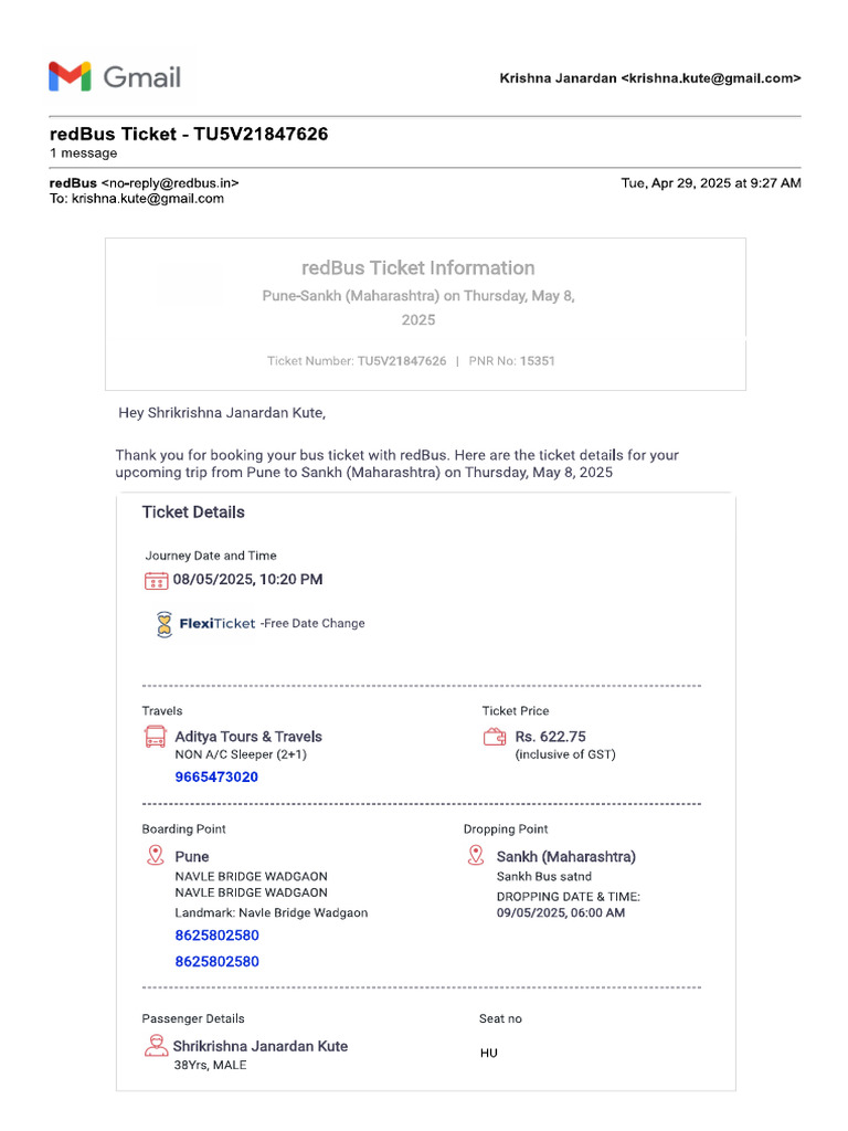 Red Bus Ticket TU5V21847626-Krishna | PDF