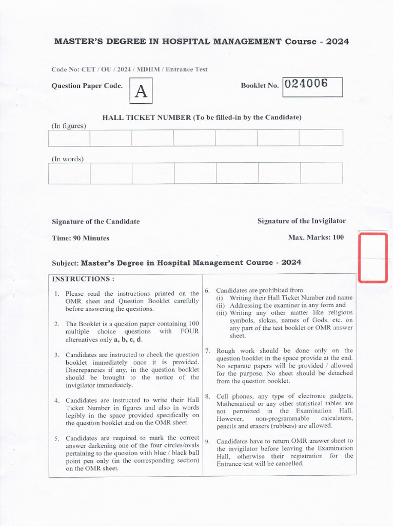 MDHM - 2024 Entrance Test Question Paper Code - A | PDF