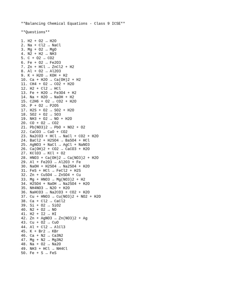 Balancing Chemical Equations Questions | PDF