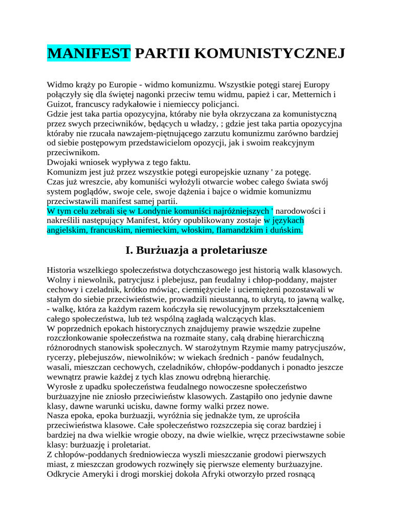 Manifest Partii Komunistycznej | PDF