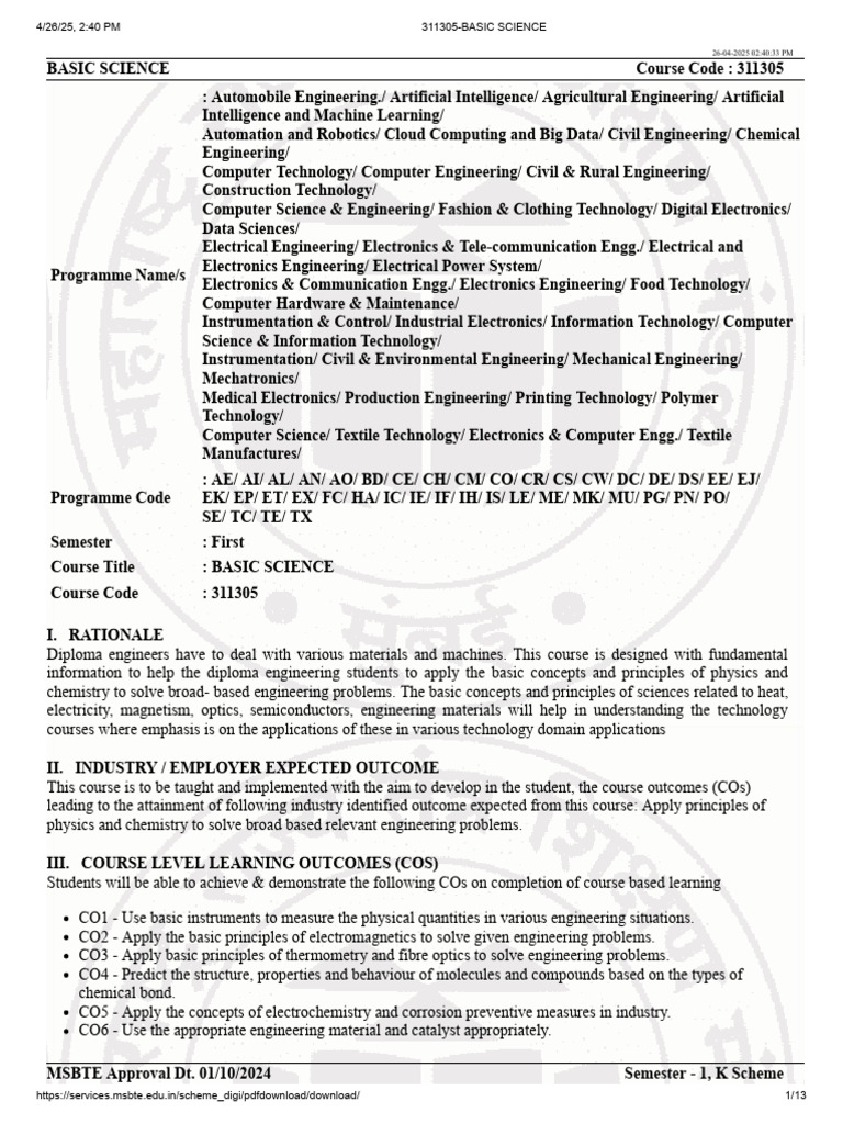 MSBTE Basic Science Syllabus 311305 | PDF | Electrochemistry | Corrosion