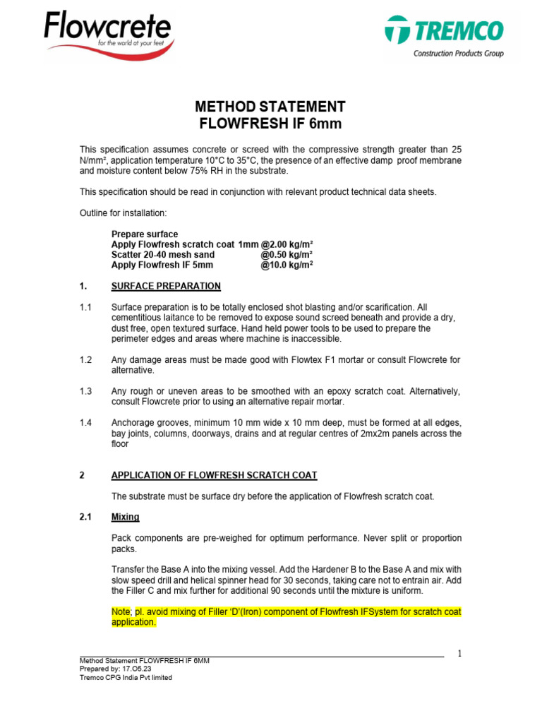 Flowfresh If Method Statment | PDF | Concrete | Mechanical Engineering