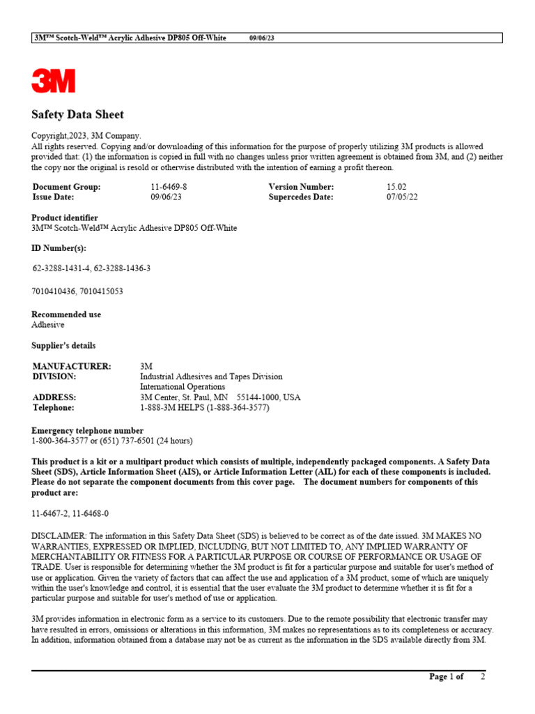 3M DP805 Acrylic Adhesive Safety Data Sheet | PDF | Hazardous Waste | Waste