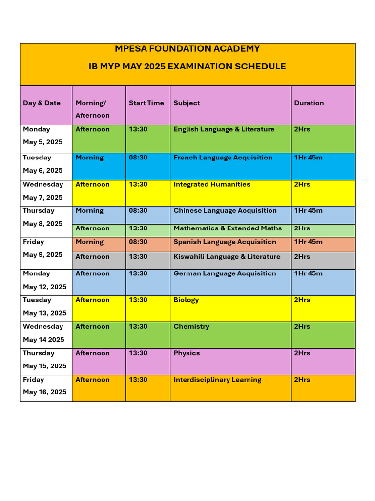 MYP May 2025 Exam Schedule | PDF