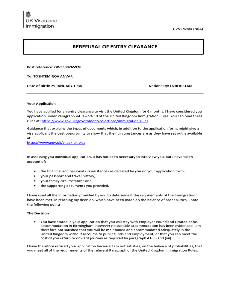 Entry Clearance Refusal for Anvar T. | PDF