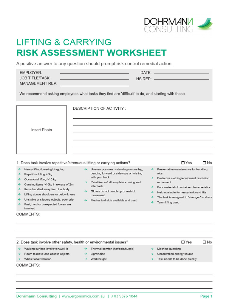 Lifting and Carrying Risk Assessment Tool | PDF | Personal Protective ...