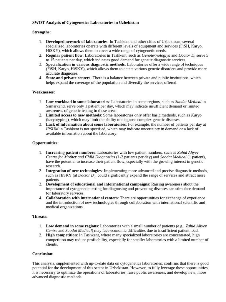 SWOT Analysis of Cytogenetics Laboratories in Uzbekistan | PDF ...