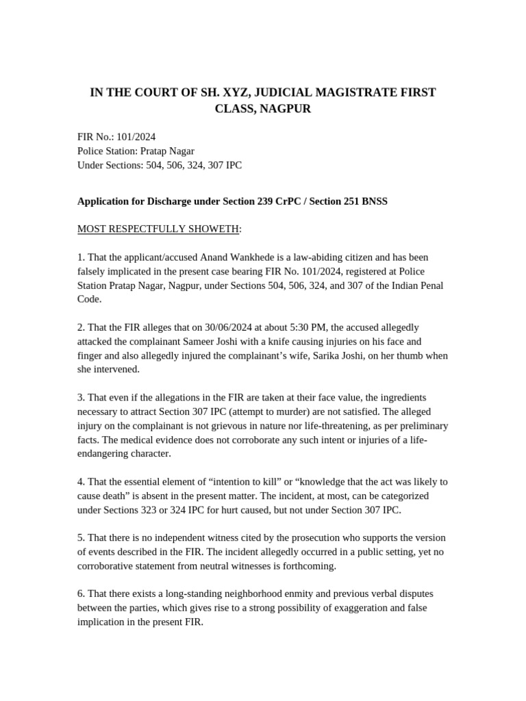 Discharge Application Under IPC 307 | PDF | Burden Of Proof (Law) | Justice