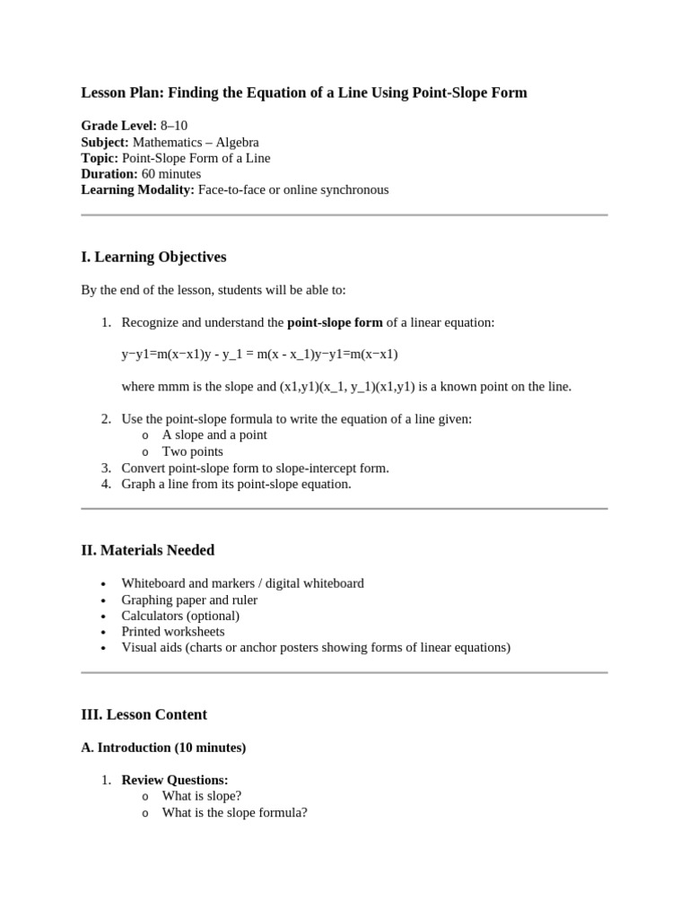 Point-Slope Equation Lesson Plan | PDF | Algebra | Mathematics