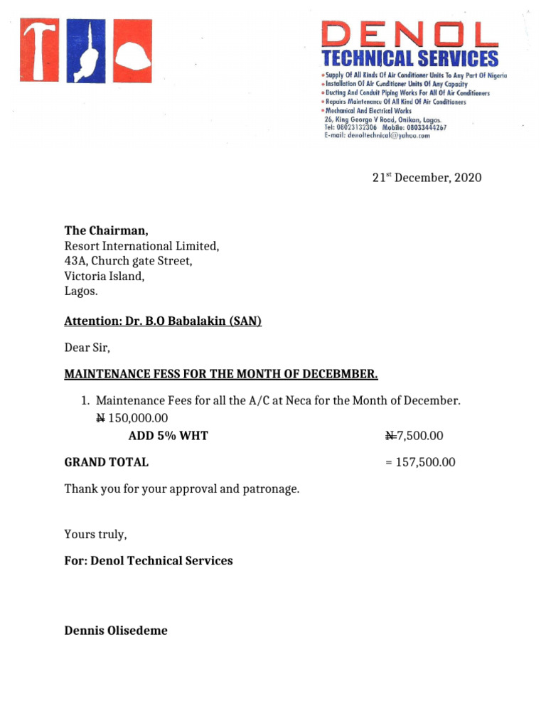 December A/C Maintenance Fees Invoice | PDF