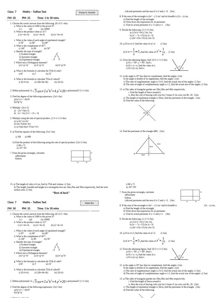Class 7 Maths Tuition Test PDF | PDF | Area | Triangle