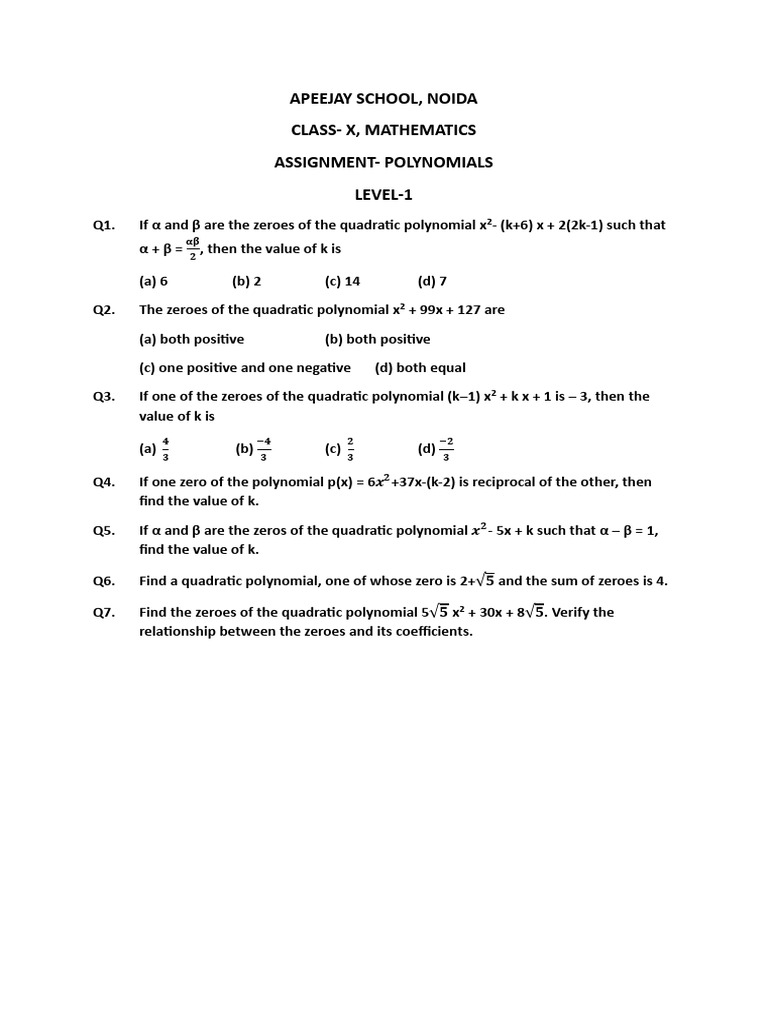 Class 9 Polynomials Assignment | PDF