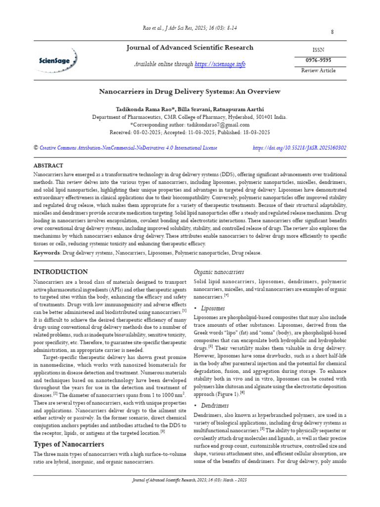 Nanocarriers in Drug Delivery Systems An Overview | PDF | Nanomedicine ...