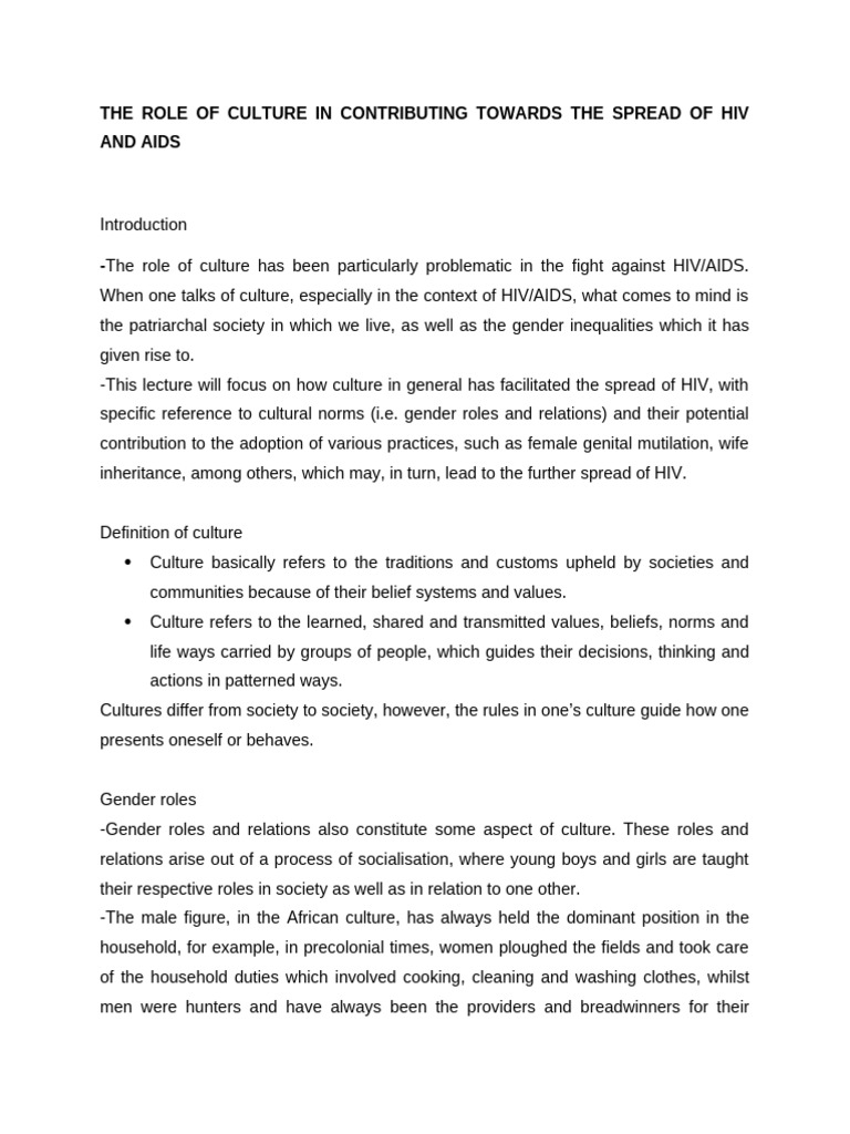 The Role of Culture in Contributing Towards The Spread of Hiv and Aids ...