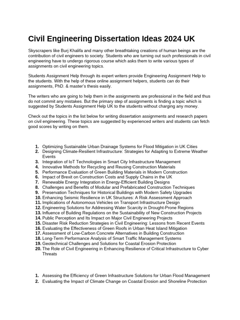 Civil Engineering Dissertation Ideas 2024 UK | PDF | Civil Engineering ...