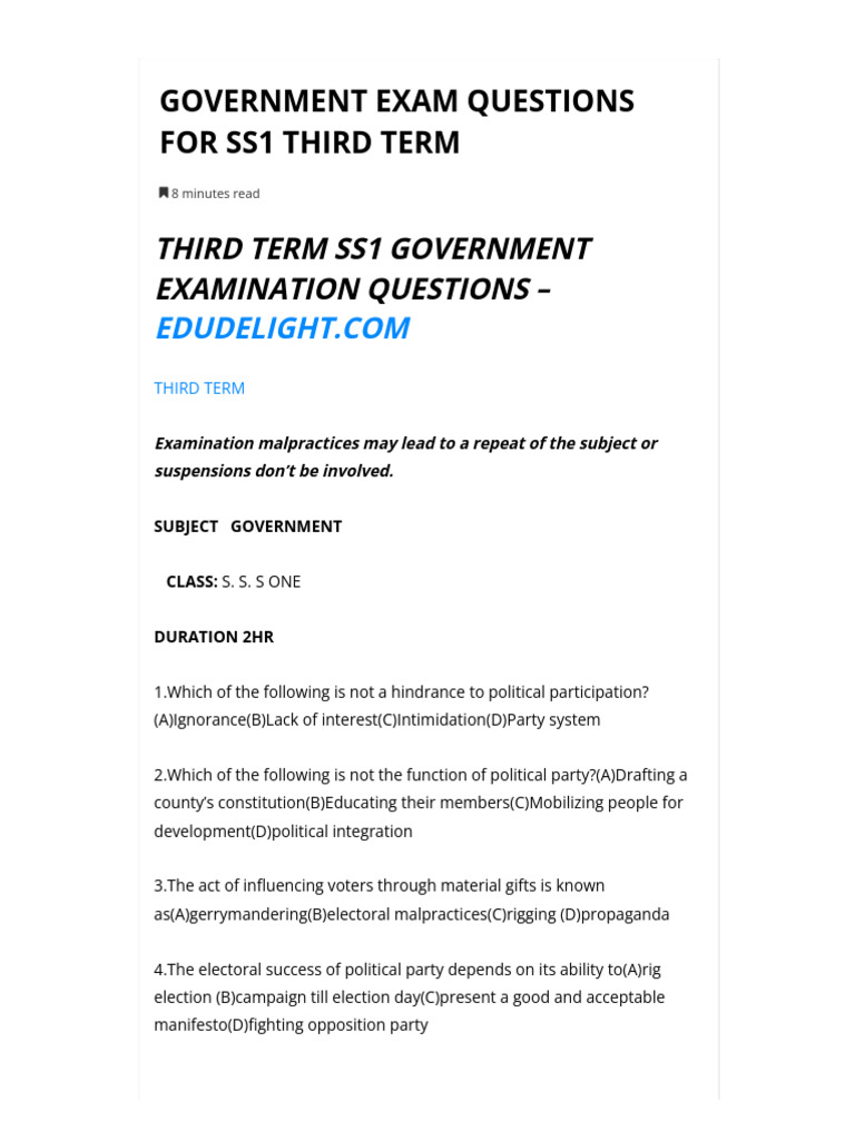 SS1 Third Term Government Exam Questions | PDF | Elections | Voting