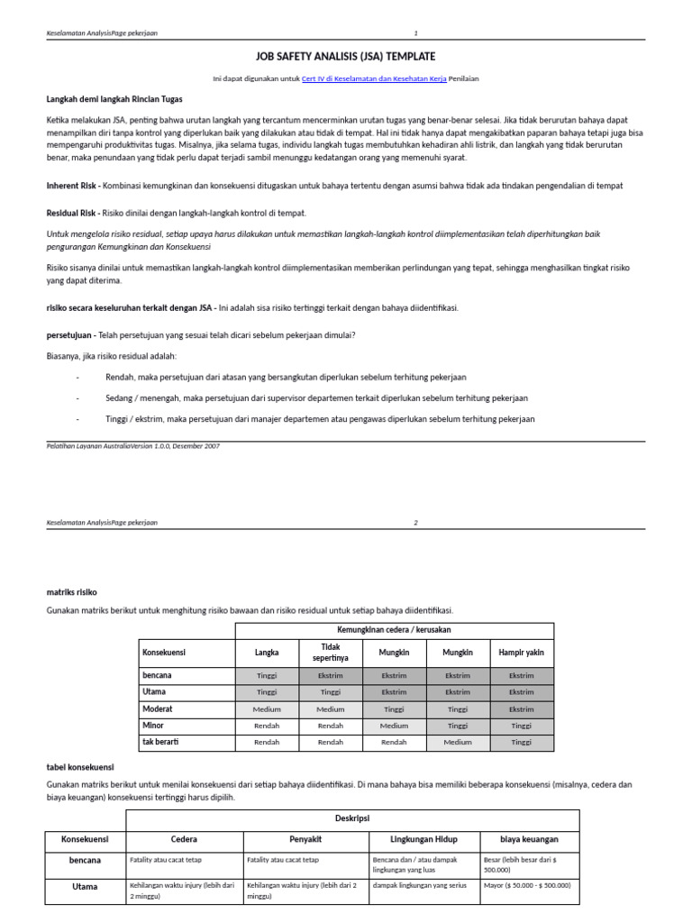 Template JSA untuk Keselamatan Kerja | PDF