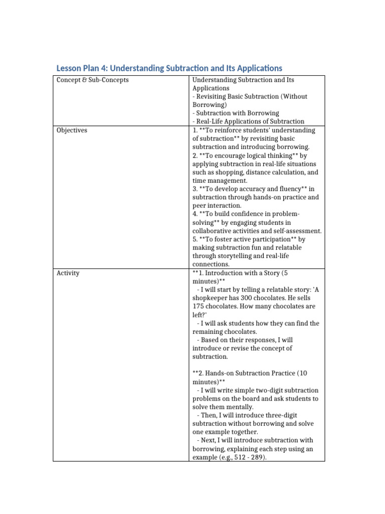Lesson - Plan - 4 - Understanding - Subtraction 2 | PDF | Subtraction ...