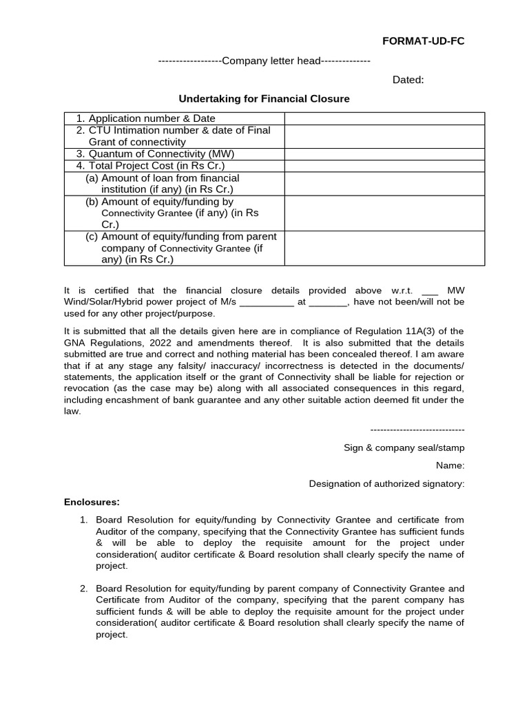 Financial Closure Undertaking Template | PDF