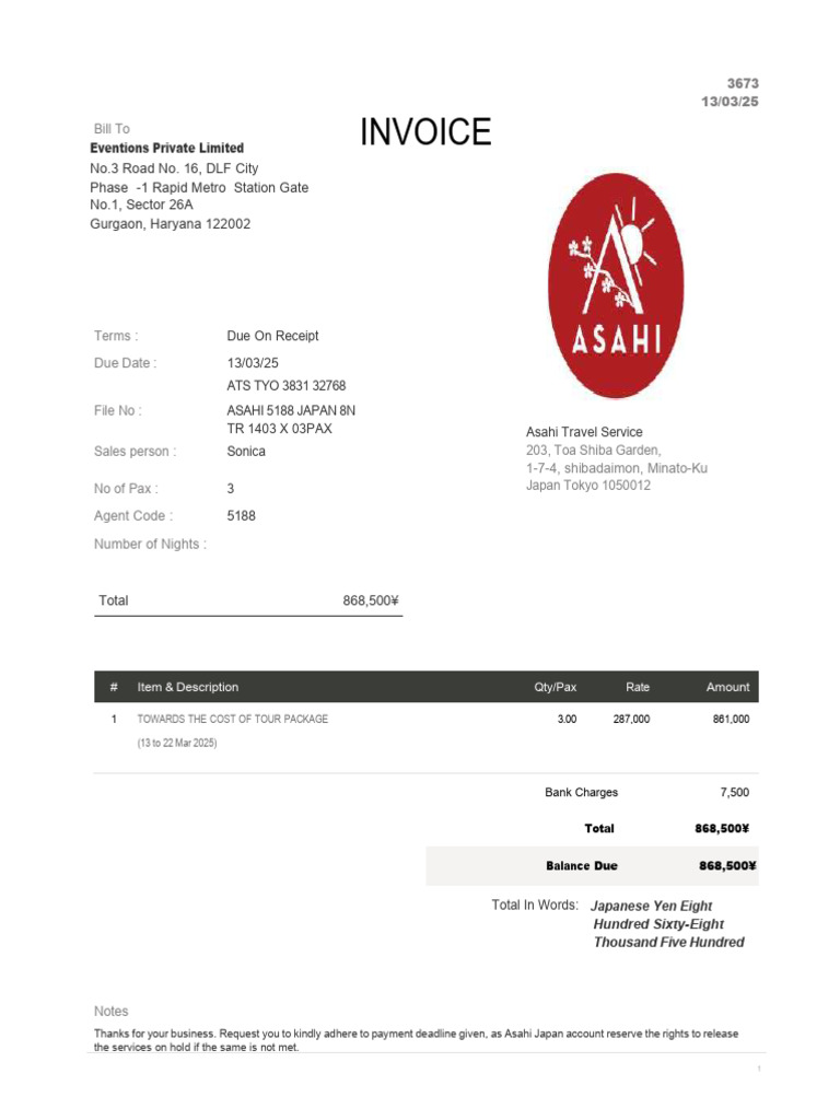 JTB Minato-ku Tour Package Invoice | PDF | Japanese Yen