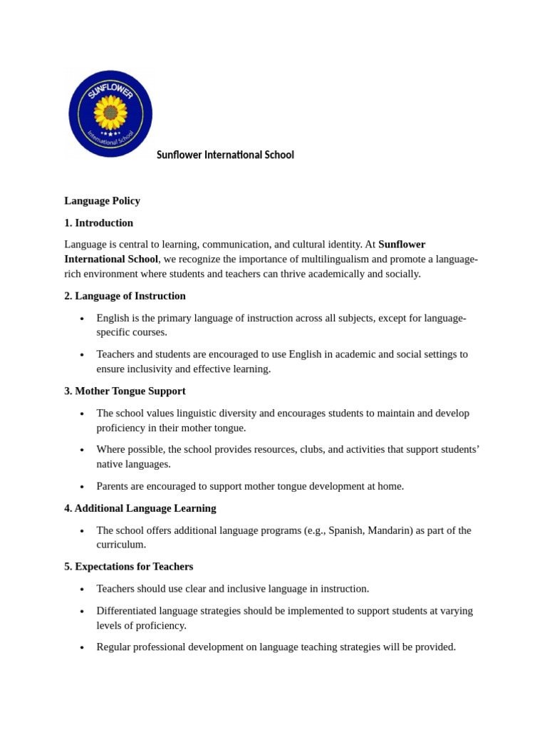 Sunflower School Language Policy Guide | PDF | English As A Second Or ...