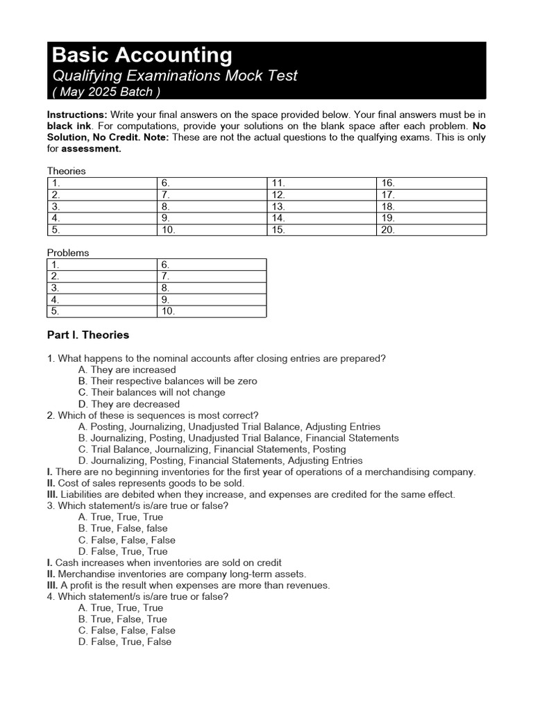 Basic Accounting Mock Test 2025 | PDF | Debits And Credits | Financial ...