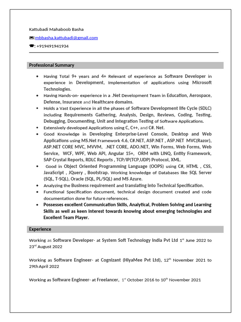 Dot Net Full Stack Developer - KMAHABOOBBASHA (4y) | PDF | Language ...