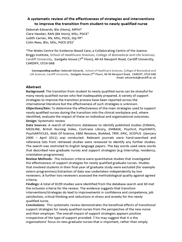 Effective Strategies for Nurse Transition | PDF | Systematic Review ...