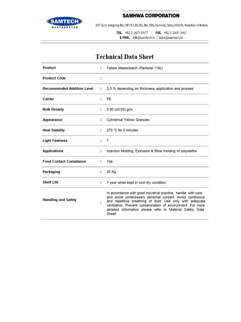 Yellow Masterbatch Technical Data Sheet | PDF
