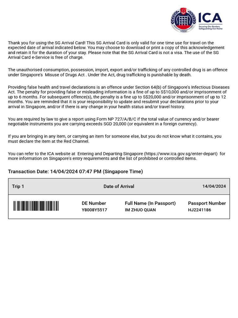 SG Arrival Card Instructions in Chinese | PDF | Passport