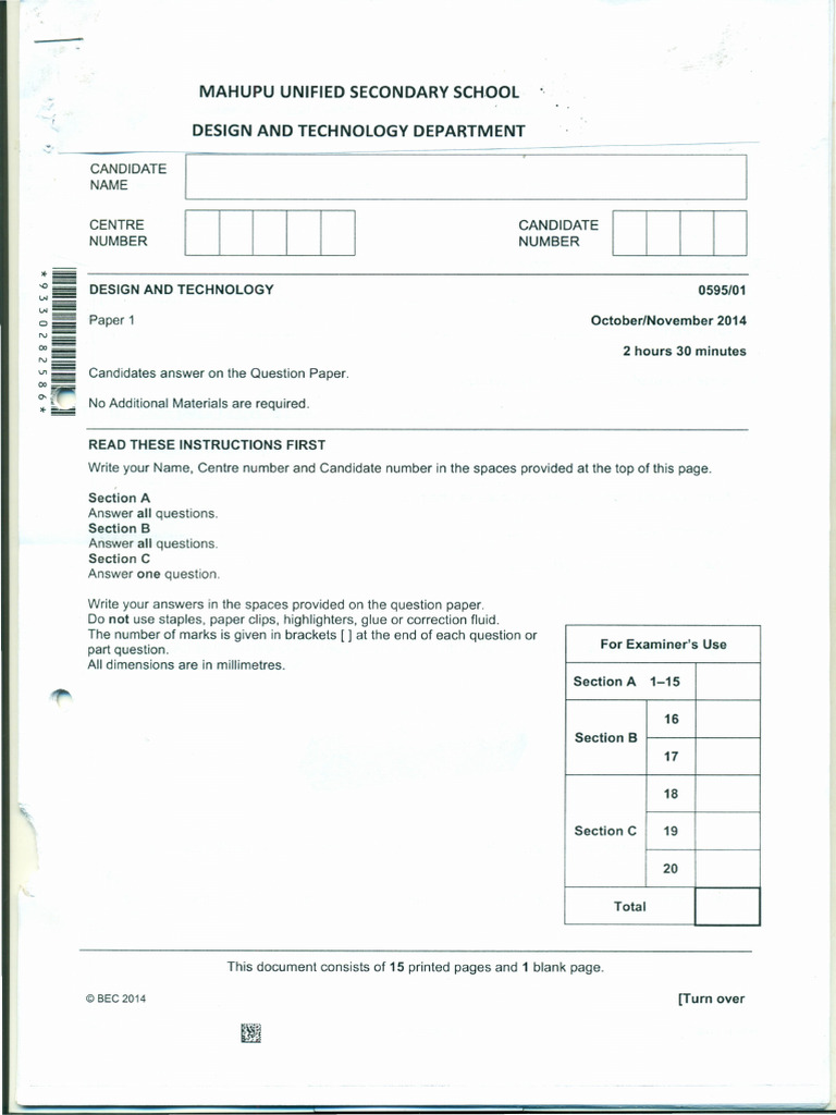 Design and Technology Exam Paper 2014 | PDF | Mechanical Engineering