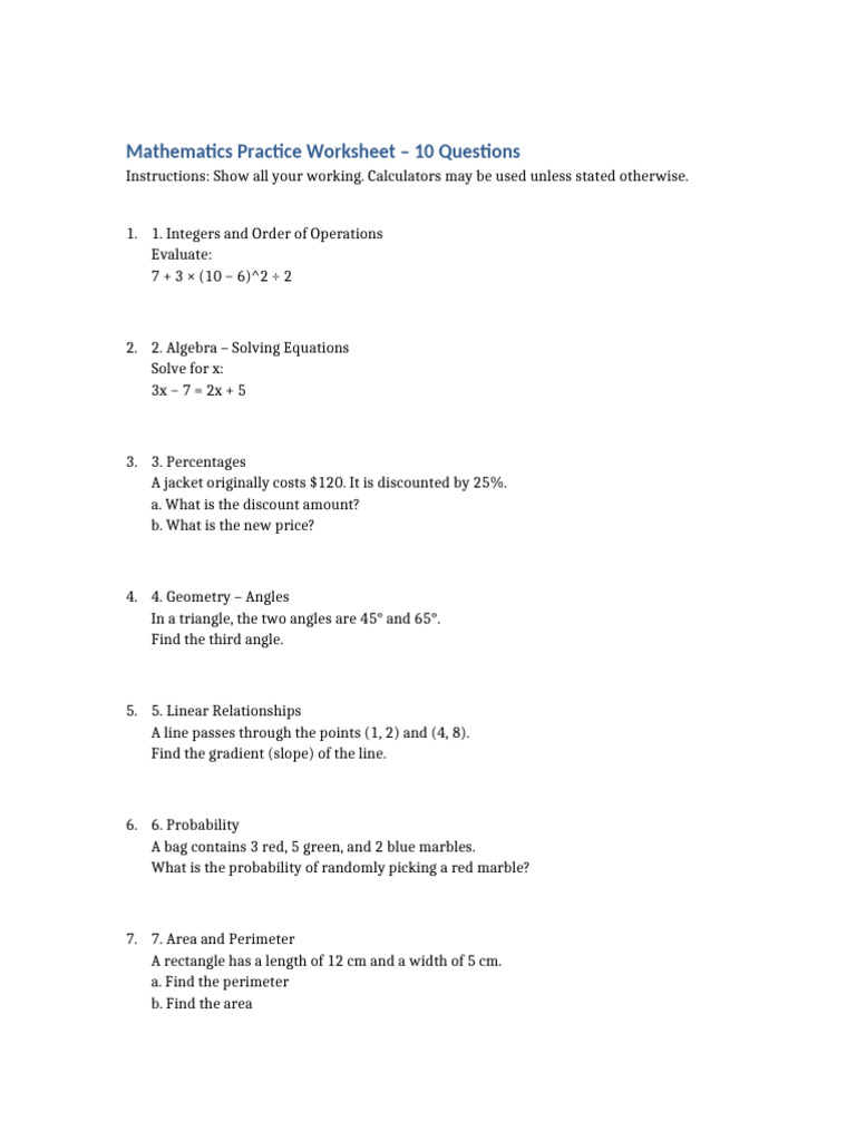 Math Practice Worksheet: 10 Questions | PDF