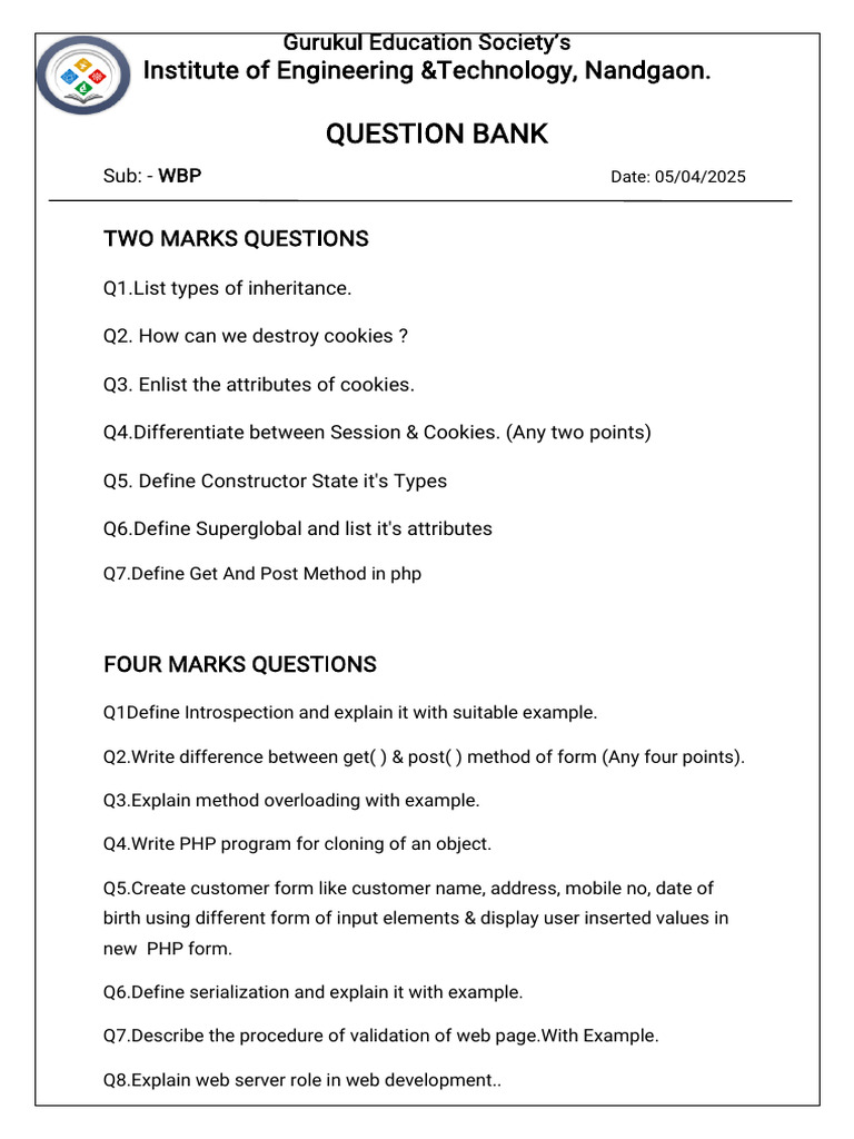 Question Bank WBP-1 | PDF