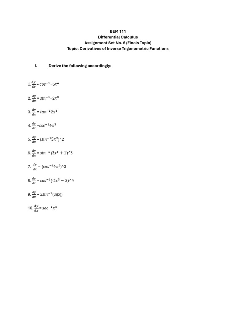 Assignment Set No 6 Differential Calculus Pdf