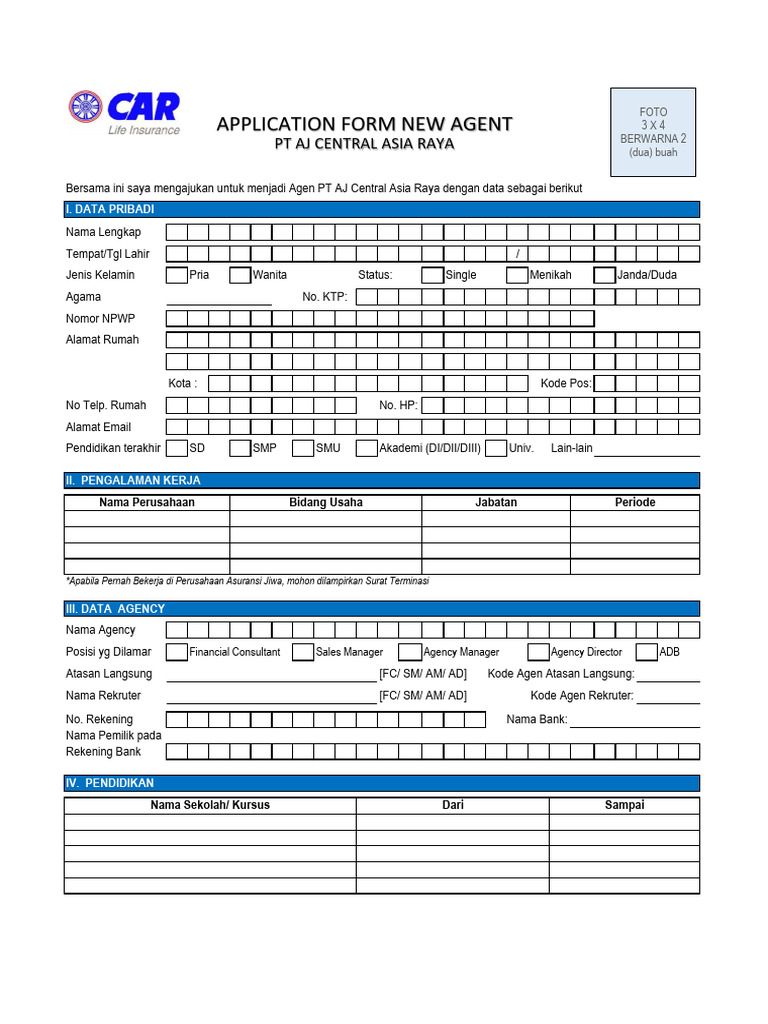 Formulir Aplikasi Agen PT AJ | PDF